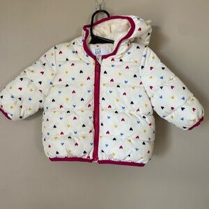 GAP White Hooded Puffer Jacket with Bear Ears, Pink Trim, and Multicolor Hearts